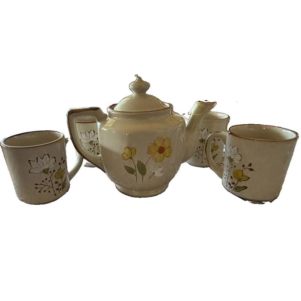 Casualstone Korea 400-2 Teapot & 4 Mug Set Hand Painted Floral Stoneware VTG